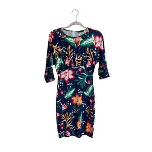 Zara Floral‎ Navy Blue Bodycon 3/4 Length Sleeve Dress Size Small